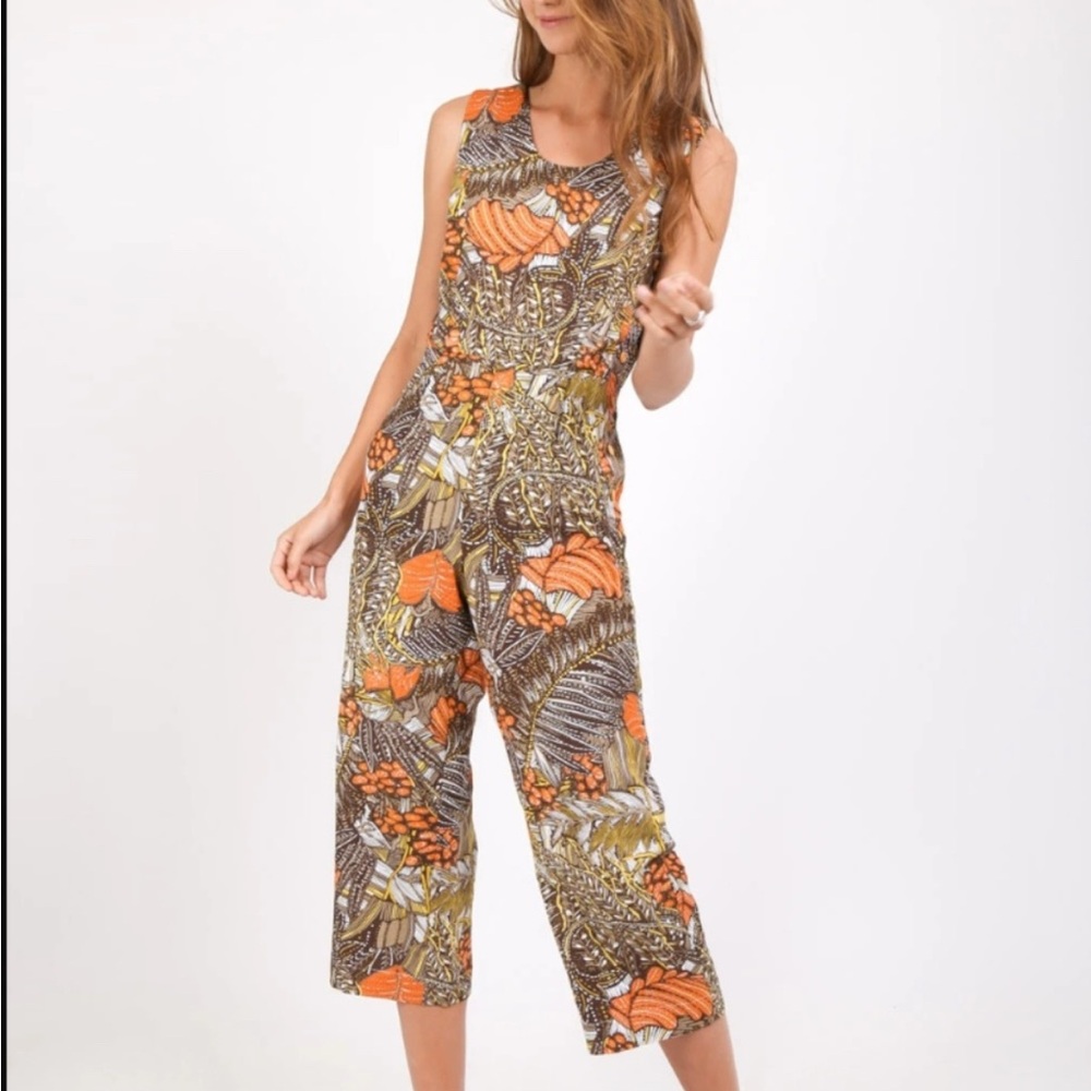 MO:VINT Floral Mod Paloma Cropped Jumpsuit Brown/Orange Size Medium